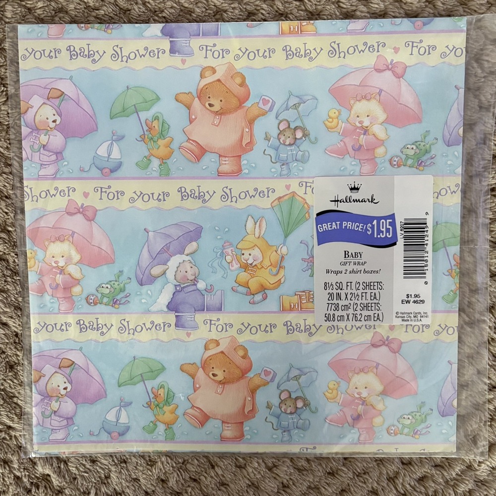 Vintage Pattern Hallmark "For Your Baby Shower" Gift Wrap Paper NOS Sealed